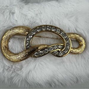 Abstract Brooch Pin Etched Gold Tone Rhinestones